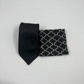 DEEP BLACK SELF PRINTED TIE & TARTAN POCKET SQUARE SET